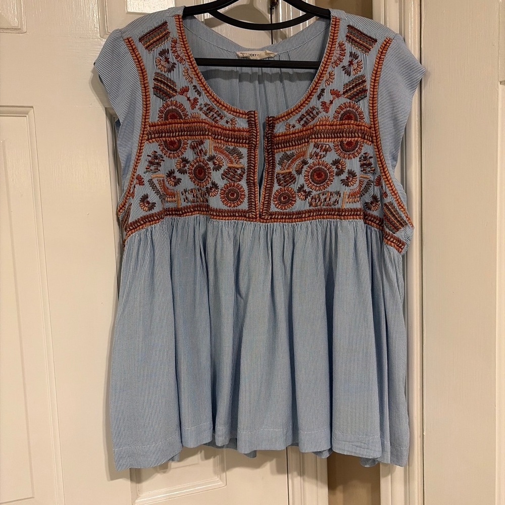 Lucky Brand Embroidered Pinstripe Babydoll Top Blue White XL Boho Cap Sleeve - Picture 2 of 9
